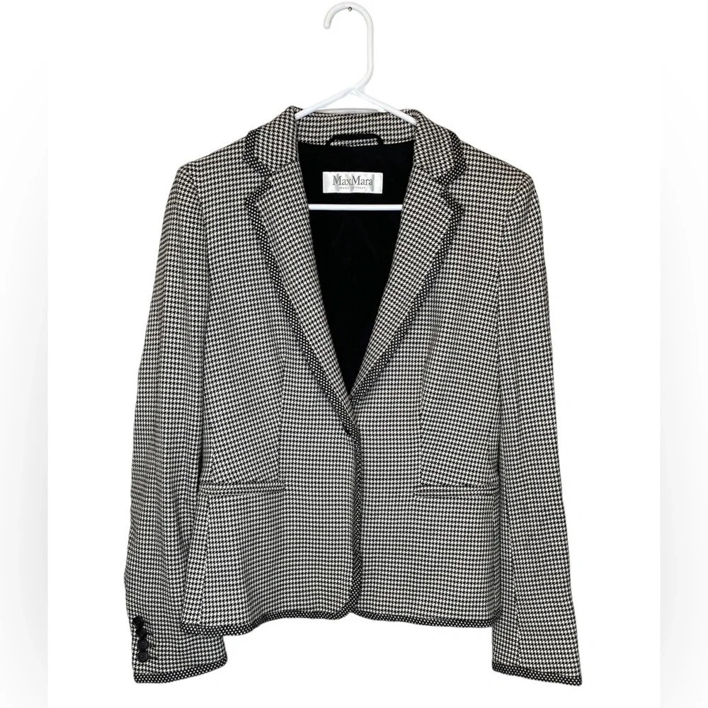 Max Mara Made in Italy Virgin Wool Houndstooth Blazer Size 10 Polka Dot Detail